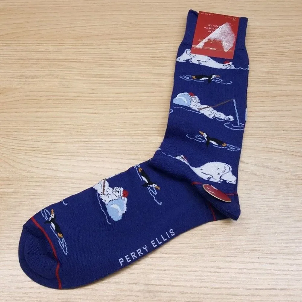 PERRY ELLIS Crew Socks Blue Polar Bear Penguin Iceberg Winter